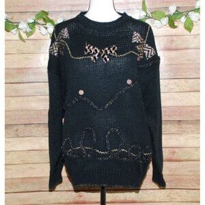 Vintage Extra Touch Black & Gold Knit Sweater Size 20W Dangle Coins Bows